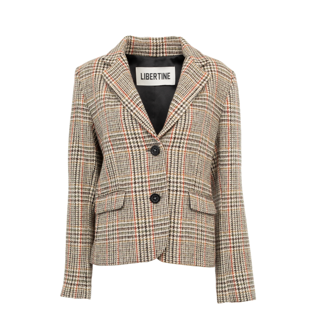 Image 1 of 4 - BROWN - LIBERTINE THOROUGHBRED SHORT BLAZER featuring horse graphic on back, notch lapels, button front, long sleeves, front flap pockets, straight fit, short length and inverted pleat back. 100% wool. Polyester lining. 