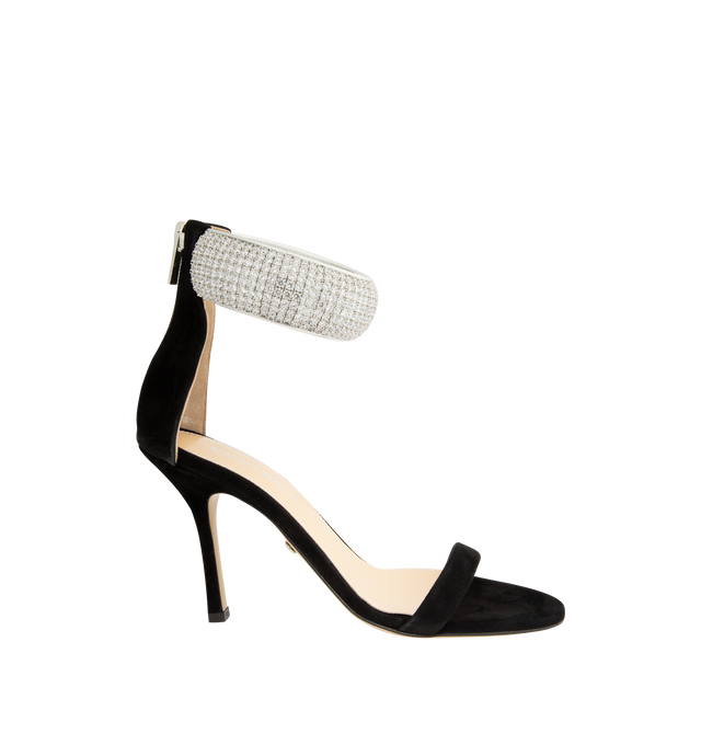 Image 1 of 4 - BLACK - Mach & Mach Women's She's A Lady Heeled Sandals are crafted from suede leather and feature an elegant round open-toe silhouette with a 95mm stiletto heel. Designed with crystal-embellished ankle detailing, a rear zip closure, leather lining, and a leather sole, the sandals offer a refined statement finish. Main Material: Suede Leather. Made in Italy.