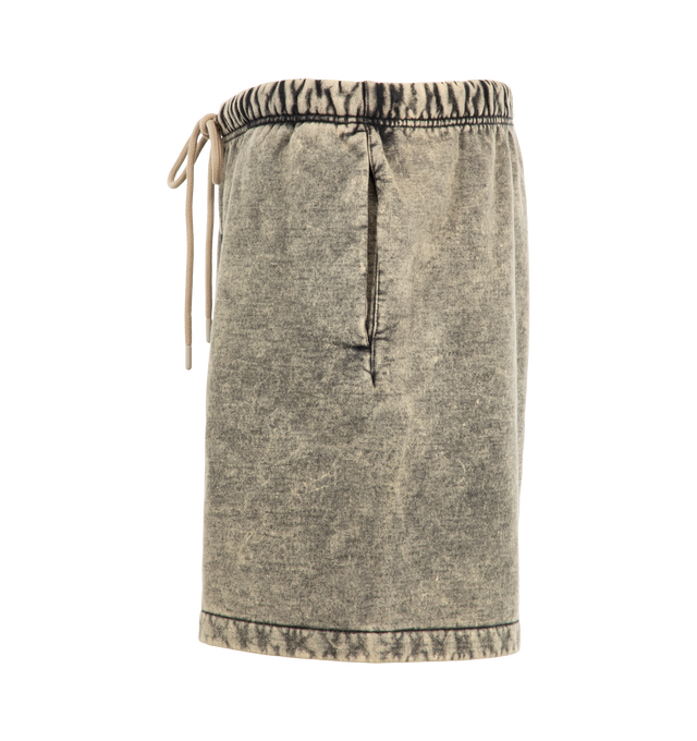 Image 3 of 3 - GREY - Fear of God ESSENTIALS Men's Classic Sweatshort is crafted from acid-washed heavyweight cotton fleece and features a classic relaxed-fit silhouette inspired by vintage athletic styles. Designed with a racing-inspired Essentials puff-print logo at the leg, this comfortable everyday short is finished with an encased elastic waistband, heavyweight drawstring, side-seam pockets, and a signature Essentials label at the center front. Main Material: 100% Cotton Acid-Washed Fleece.