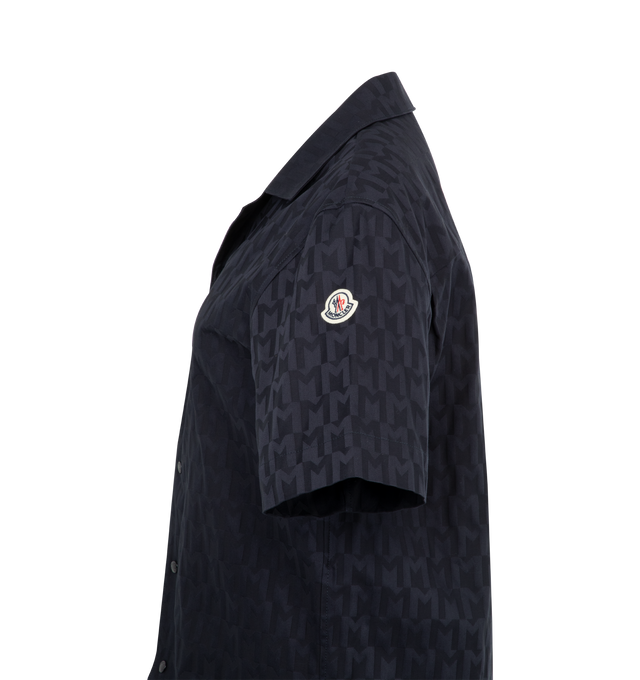 Image 3 of 3 - NAVY - MONCLER Monogram Jacquard Cotton Shirt featuring jacquard cotton, short sleeves, anap button closure and chest pocket. 99% cotton, 1% elastane/spandex. Made in Romania.