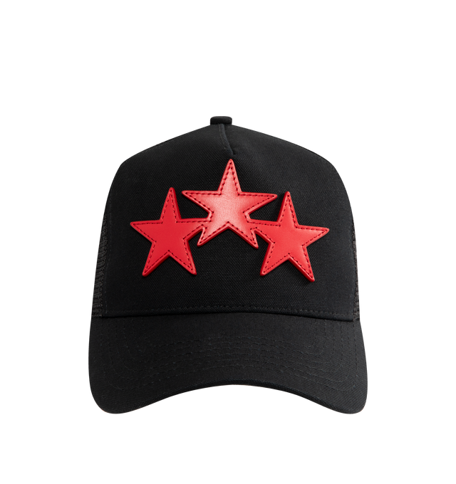 Image 1 of 3 - BLACK - AMIRI 3 Star Trucker Hat featuring adjustable backstrap, front leather applique detail and leather logo patch at back. 100% cotton. Made in USA.