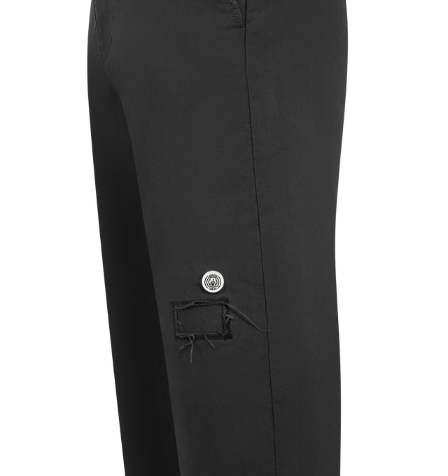 Image 4 of 4 - GREY - ENFANTS RICHES DEPRIMES Swiss Auto Dicky Pant featuring workwear-inspired trousers, made from hard-wearing cotton-drill with distressed, utilitarian detailing, patches, badges, frayed edges, a zip up fly front, straight-leg and mid rise. Cotton. Made in USA.