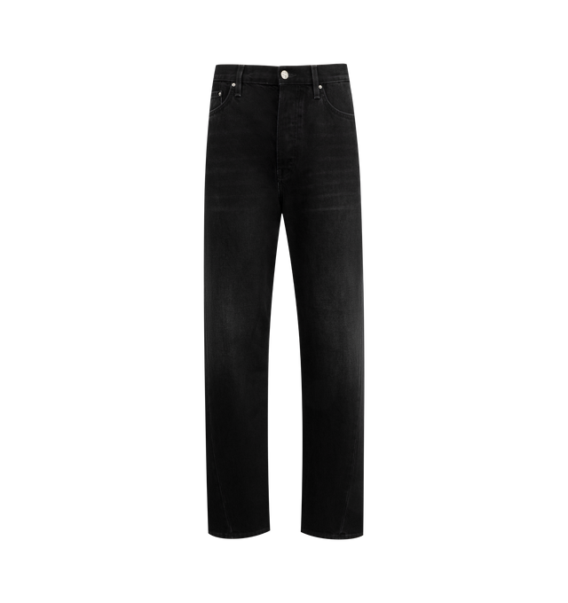 Image 1 of 3 - BLACK - Toteme versatile straight-leg jeans designed to sit on the hips with a dropped rise and relaxed fit or a neater, waisted silhouette by going one or two sizes down. Building off our signature Twisted seam denim, they are constructed with directional side seams for a touch of movement. Button fly, silver-tone hardwareFive pockets, belt loops, finished hem, embroidered monogram. 100% organic cotton. Made in Italy.