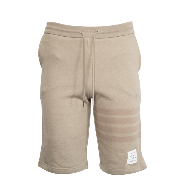 Image 1 of 3 - NEUTRAL - THOM BROWNE cotton sweat shorts with pull-on elasticized waist featuring drawcords and stripe detail at leg. 