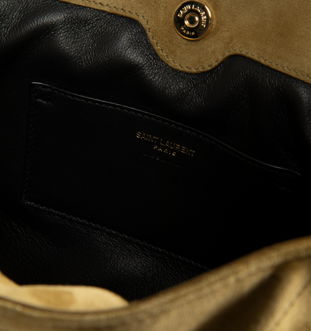 Image 3 of 3 - GREEN - Saint Laurent Women's Jamie Shoulder Pouch is crafted from supple suede calfskin and features the iconic YSL emblem with signature Carr Rive Gauche quilting. Designed in a lightweight, compact silhouette, this versatile bag is finished with a chain shoulder strap for crossbody wear and adjustable drawstring sides that can be cinched or expanded to create multiple shapes. Main Material: Calfskin Suede. Lining: Leather. Hardware: Bronze-Tone Brass. Dimensions: 26 x 18 x 12.5 cm / 10.2 x