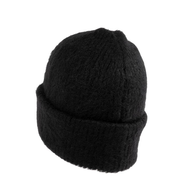 Image 2 of 2 - BLACK - MONCLER Mohair & Wool Blend Beanie featuring stockinette stitch, gauge 5 and a subtle ton-sur-ton logo patch. 50% mohair, 32% polyamide/nylon, 18% wool. Made in Italy.