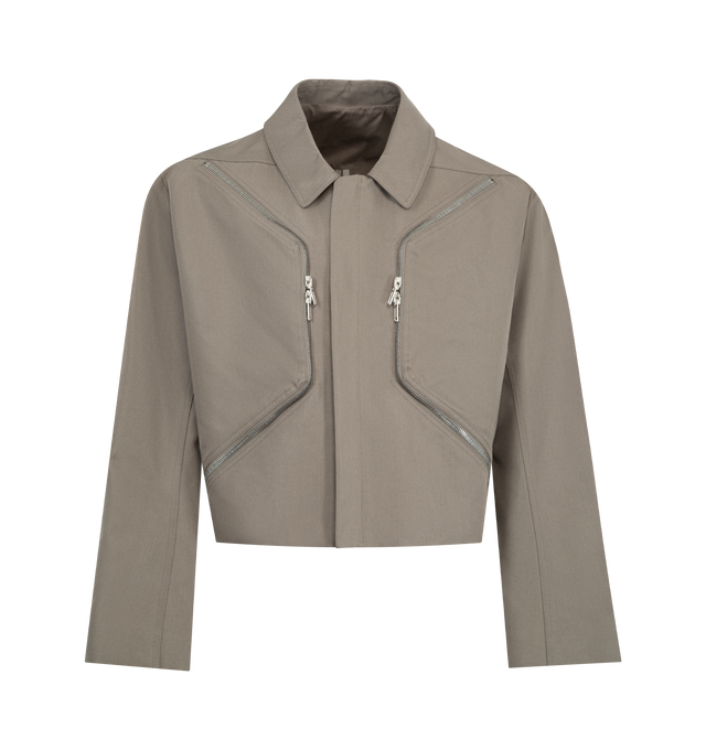 Image 1 of 3 - BROWN - RICK OWENS Heizer Mac Jacket featuring front zip closure, zipped internal and external pockets, heavyweight twill fabric, collar and cropped fit. 62% cotton, 38% polyamide. Made in Italy.
