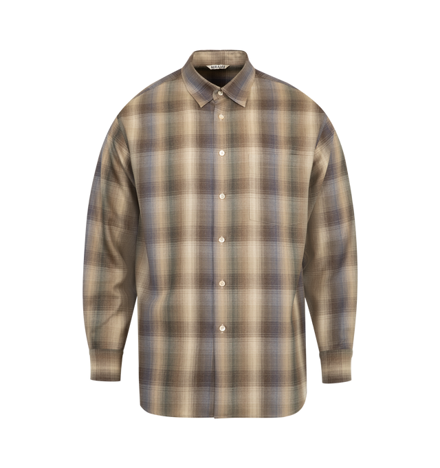 Image 1 of 2 - BROWN - AURALEE Super Light Wool Check Shirt featuring button closure on front, classic collar, patch pocket on chest, buttoned cuffs, curved hem and all-over check pattern. 100% wool.