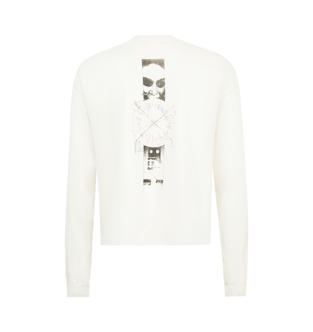 Image 2 of 2 - WHITE - ENFANTS RICHES DEPRIMES Calculate Your Birthright T-Shirt featuring long sleeves, boxy fit, rib knit neckline, printed artwork at front and back and distressing throughout. Cotton. Made in USA.