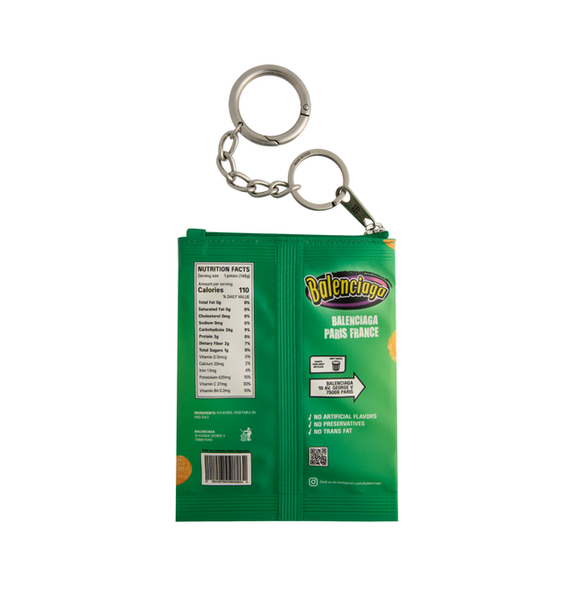Image 2 of 2 - GREEN - BALENCIAGA Charm Keychain Chips featuring glossy calfskin, chips artwork printed at front and back, Balenciaga logo printed on the upper part of the lining, 1 main zipped compartment, TPU mirror lining, aged-silver hardware, logo engraved on both rings and multiple rings to attach on the bag or be used as a keyring. L4.3 x H5.5 x W4.3 inch. Made in Italy.