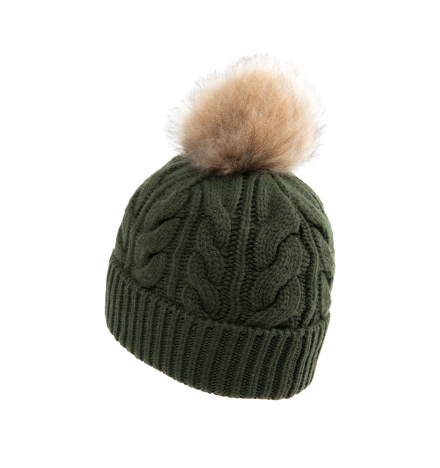 Image 2 of 2 - GREEN - MONCLER GRENOBLE Wool & Cashmere Beanie with Pom Pom featuring a wool and cashmere blend, cable knit and fisherman's rib knit fold, gauge 3, long-haired sheepskin pom-pom and logo patch. 70% virgin wool, 30% cashmere. Made in Italy.