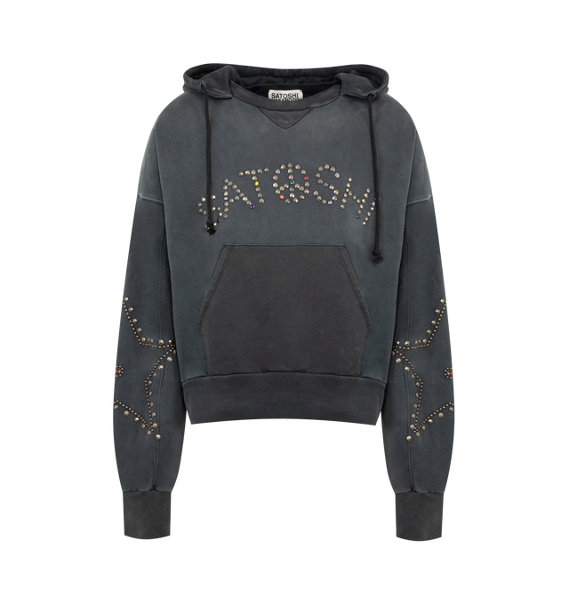 Image 1 of 3 - BLACK - SATOSHI NAKAMOTO Star Studded Afterhood Hoodie featuring strudded logo, drawstring hood, kangaroo pocket and ribbed hem and cuffs. 100% cotton.