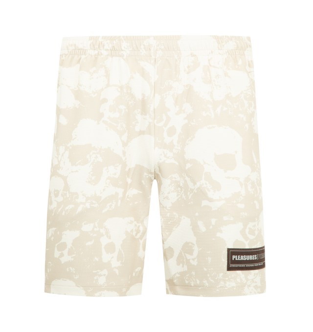 Image 1 of 3 - NEUTRAL - PLEASURES Despair Active Short featuring print throughout, stripe down leg, elastic waist and logo patch on leg. 94% polyester, 6% spandex technical knit.