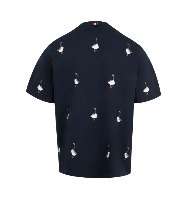 Image 2 of 3 - NAVY - THOM BROWNE Geese Print Jersey Tee featuring embroidered geese, short sleeves, crew neck, name tag applique and signature striped grosgrain loop tab. 100% cotton. Made in Italy.