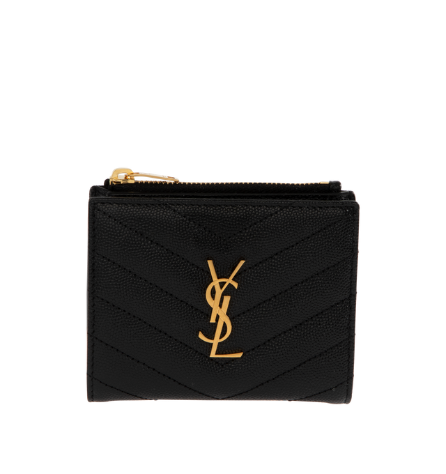 Image 1 of 3 - BLACK - SAINT LAURENT Bi Fold Wallet Card Holder featuring metal free tanned leather, decorated with interlocking cassandre, quilted overstitching gold-toned hardware, snap button fastening, one zippered coin purse, four card slots, one bill compartment and one transparent card slot. 4.1 x 3.3 x 0.9 inches. Calfskin. Made in Italy.