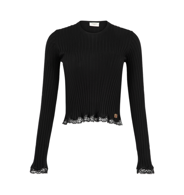 Image 1 of 3 - BLACK - Saint Laurent Women's Logo-Appliqud Lace-Trimmed Ribbed Knit Top is crafted from a luxurious blend of wool, cashmere, and silk and features a close-fitting, cropped silhouette designed to contour the body. Rendered in a finely ribbed knit, this lightweight and stretchy style is softened by delicate lace trim at the hem and cuffs, while a logo appliqu adds a subtle signature finish. Main Material: 35% Wool, 35% Cashmere, 30% Silk. Made in Italy.