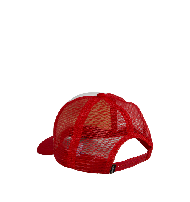 Image 2 of 2 - RED - MARKET Adventure Team Trucker Hat featuring canvas with neoprene graphic front, adjustable back strap and mesh back. Made in China. 