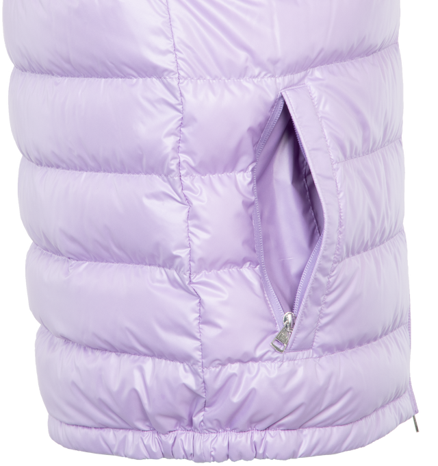 Image 5 of 5 - PURPLE - MONCLER Cerces Down Vest featuring stowaway hood at stand collar, two-way zip closure, felted logo patch at chest, zip pockets, elasticized hem, zip pocket at interior, fully lined and logo-engraved silver-tone hardware. 100% polyester. Fill: 90% duck down, 10% feathers. 