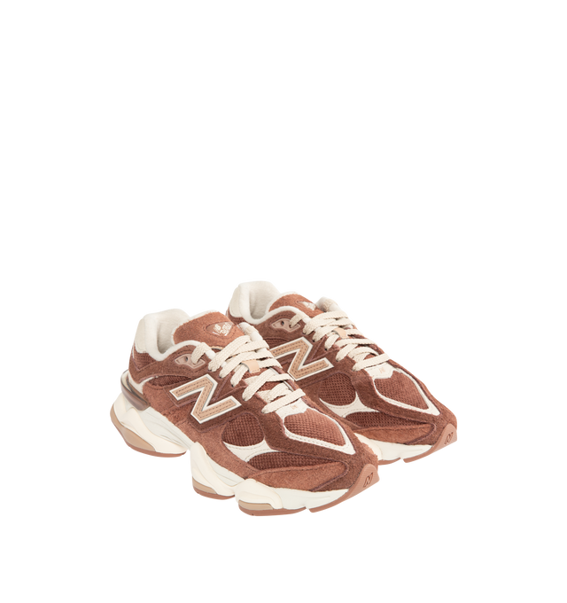 Image 2 of 5 - BROWN - NEW BALANCE 9060 Sneaker featuring chunky sole, lace-up fastening, padded collar, mesh upper with boar suede overlays, dual density midsole with ABZORB and SBS cushioning, logo on tongue and diamond pattern on the sole.