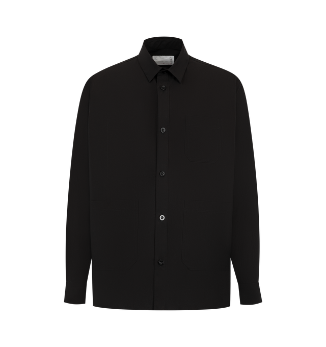 Image 1 of 2 - BLACK - Sacai Mens Typewriter Long-Sleeve Shirt is crafted from cotton. Features a relaxed fit, drop shoulders, drawstring pointed collar, button-front closure, dual flap chest pockets, and short sleeves. Main Material: Cotton. Made in Japan.