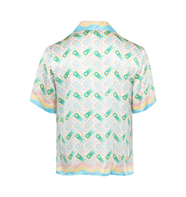 Image 2 of 3 - MULTI - CASABLANCA Cuban Collar Short Sleeve Shirt featuring wavy stripes at spread collar, hem, and cuffs, concealed button closure and logo graphic printed at patch pocket and back. 100% silk. 