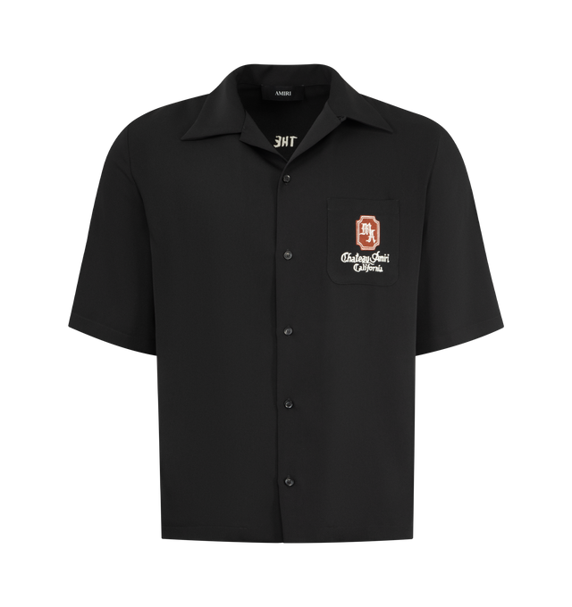 Image 1 of 2 - BLACK - AMIRI MA Chateau Camp Shirt featuring logo embroidered on front and back, notched collar, short sleeves and button-down closure. 100% cotton. Made in Italy.