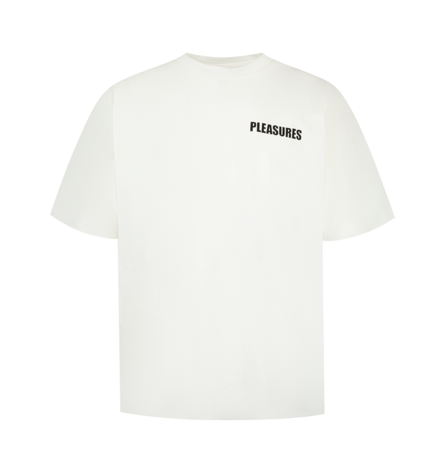 Image 1 of 2 - WHITE - Pleasures Mens Relaxed Heavyweight T-Shirt is crafted from heavyweight cotton jersey. Features a relaxed fit, crew neck, printed logo at the front chest, and running stitch embroidery on the back. Main Material: 100% Cotton. Made in China.