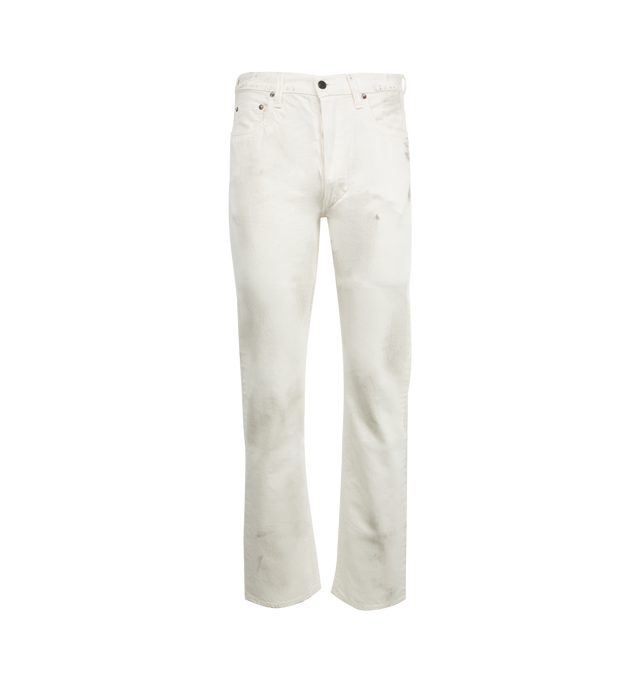Image 1 of 3 - WHITE - FULLCOUNT Dirty White Denim featuring 12oz selvedge denim, 5 pockets, button closure and distressed throughout. 100% cotton.