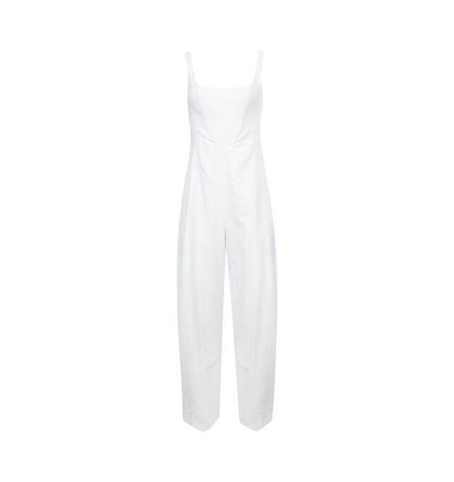Image 1 of 3 - WHITE - STELLA MCCARTNEY Corset Jumpsuit featuring square neck, boning at front, four-pocket styling, mock-fly, creased legs, fixed shoulder straps, concealed zip closure at back and full acetate and silk-blend crepe lining. 49% linen, 40% cotton, 11% polyamide. Lining: 73% acetate, 27% silk. Made in Hungary. 