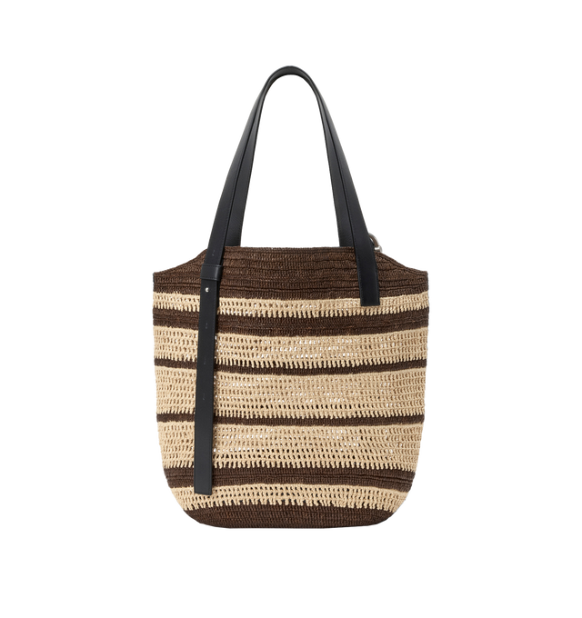 Image 4 of 5 - BROWN - LOEWE PAULA'S IBIZA Loop Basket Bag in raffia featuring two-tone stripes, suitable for a 13 inch laptop, shoulder or hand carry, adjustable handles, unlined, leather trimmings and leather buckled handles with embossed LOEWE. Raffia. 41 cm x 45 cm x 15 cm. Made in Spain.