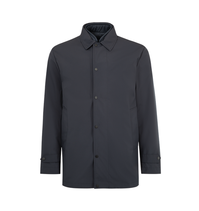 Image 1 of 5 - BLUE - MONCLER Brecon Mid-Length 3-in-1 Down Shirt Jacket featuring Airsoft lining, water-repellent main fabric, detachable down-filled double Airsoft vest with zipper closure, zipped pockets and leather-trimmed chest pocket, collar, detachable hood, snap button closure, side pockets, inside fabric description label and leather logo label 100% polyester.