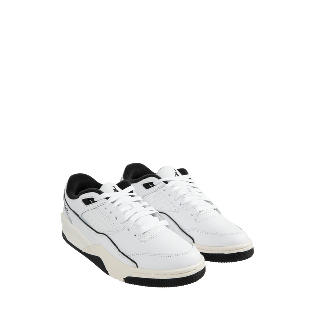 Image 2 of 5 - WHITE - JORDAN Flight Court Sneaker featuring real and synthetic leather in the upper, double top eyelet that enables heel lock lacing, embroidered details, foam midsole and rubber outsole.