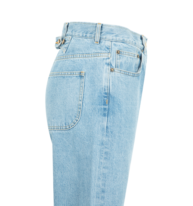 Image 3 of 3 - BLUE - Thom Browne Womens Classic 5-Pocket Jeans are crafted from Japanese selvedge denim. Feature a relaxed fit, button fly closure, five-pocket styling, reinforced back yoke with adjustable button-fastening backstrap, selvedge detail at the inner cuffs, and signature striped grosgrain loop tab. Main Material: 100% Cotton. Made in Japan.
