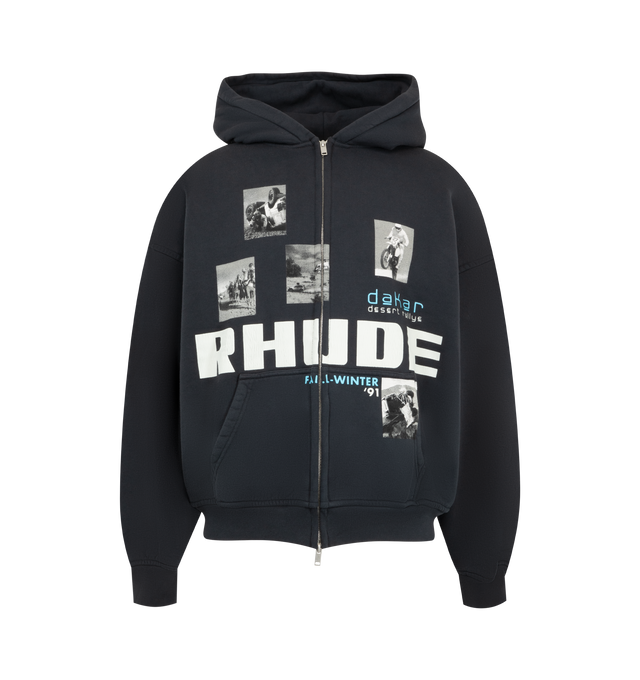 Image 1 of 2 - BLUE - Rhude Mens Chrono Zip Hoodie is crafted from heavyweight cotton. Features a full zip-front closure with custom Rhude hardware, adjustable hood, front RHUDE graphics, and ribbed cuffs and hem. Main Material: 100% Cotton. Made in the USA.