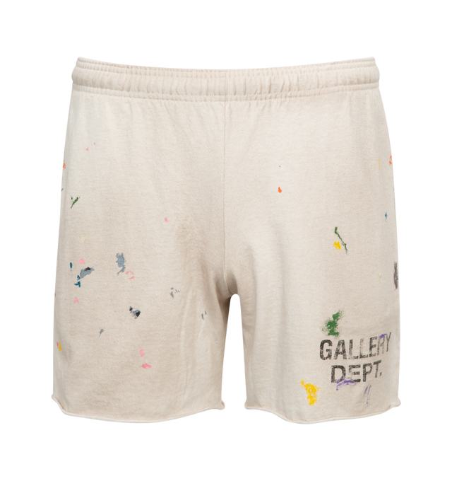 Image 1 of 3 - WHITE - GALLERY DEPT. Insomnia Shorts featuring a heavyweight cotton jersey construction with a relaxed, above-the-knee cut and raw-edged hems, deep pockets, an exposed elastic waistband, and an adjustable internal drawcord for versatility. Hand-painted splatters adorn the sturdy yet breathable fabric, finished with the classic logotype on the right leg. 100% heavyweight cotton. 