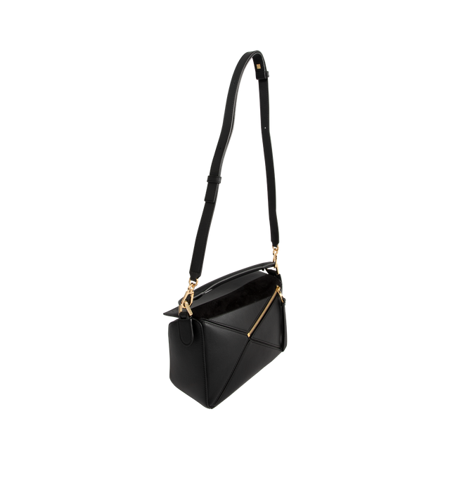 Image 2 of 3 - BLACK - LOEWE Small Puzzle Bag in classic calfskin and suede featuring distinctive geometric lines and cuboid form, intarsio stripes in a colourway-specific pattern, shoulder, crossbody or hand carry, detachable and adjustable strap, zip closure with calfskin pull, one external zip rear pocket, one internal slip pocket, suede lining and embossed Anagram. Classic Calf/Suede. 16.5 cm x 24 cm x 10.5 cm. Made in Spain.