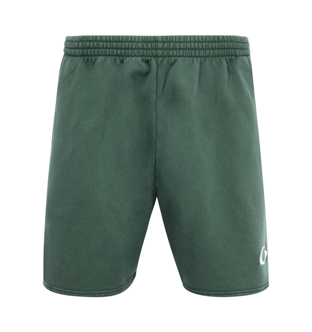 Image 1 of 3 - GREEN - BALENCIAGA Basketball Sweat Shorts featuring dry fleece, elasticated waistband, 2 slash pockets, knee length and Loop Sports Icon artwork embroidered at front. 100% cotton. Made in Portugal.