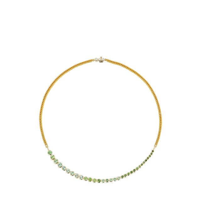 Image 1 of 1 - GOLD - RENNA Asymmetrical Mint Tourmaline Bubble Necklace featuring 4.9 carats of graduated mint tourmaline on a gold chain with a diamond clasp. 4.9 tcw mint tourmaline, .19 tcw diamond. 16" in length. Hirshleifers offers a range of pieces from this collection in-store. For personal consultation and detailed information about jewelry, please contact our dedicated stylist team at personalshopping@hirshleifers.com. This item may be restricted for online purchase to international clients. For