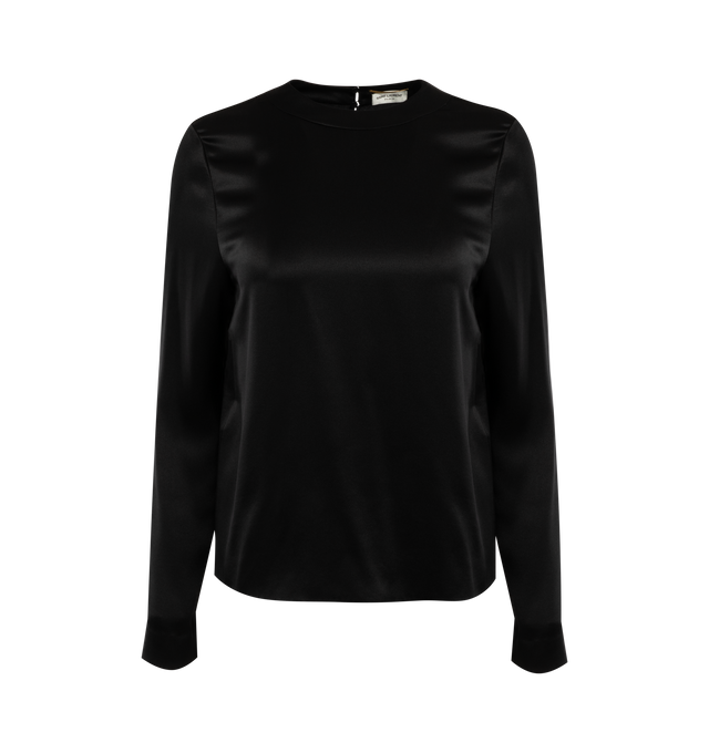 Image 1 of 2 - BLACK - SAINT LAURENT Crepe Top featuring long sleeves, crew neck and button key hole at back. Silk. 