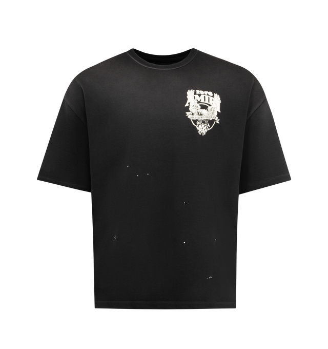 Image 1 of 2 - BLACK - AMIRI Eagle Oversized T-shirt featuring cotton jersey T-shirt, fading and subtle paint splatter throughout, rib-knit crewneck, logo graphic printed at chest and back and dropped shoulders. 100% cotton. Made in Italy.
