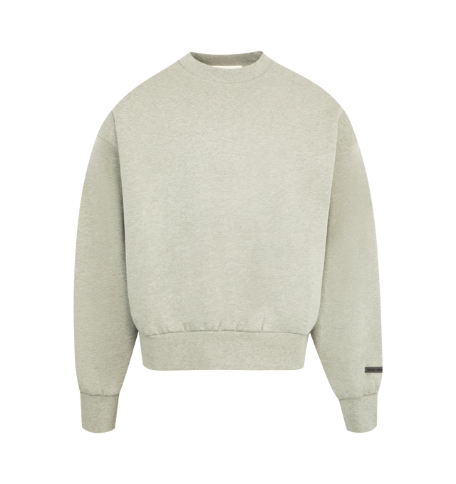 Image 1 of 2 - GREY - FEAR OF GOD ESSENTIALS Classic Fleece Crewneck made from 380gsm core fleece featuring a classic fit with signature Fear of God relaxed proportions. A new "Essentials Fear of God" beveled metallic logo is branded across the back. Details include rib-knit collar, cuffs, and waist-hem. A "Fear of God Essentials" rubberized label is stitched on the sleeve. 80% cotton, 20% polyester fleece.