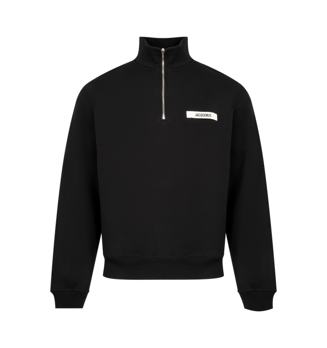 Image 1 of 2 - BLACK - JACQUEMUS Gros Grain Zipped-Rollneck Sweatshirt featuring relaxed fit, cotton fleece, zipped stand collar, long sleeves, ribbed cuffs and hem and grosgrain logo on chest. 100% cotton. Made in Portugal.