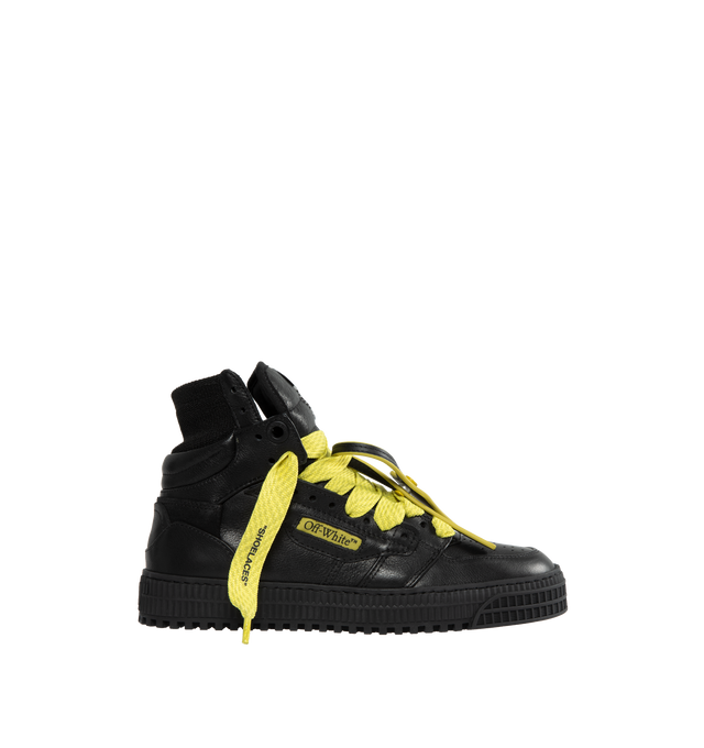 Image 1 of 5 - BLACK - OFF-WHITE 3.0 OFF COURT CALF LEATHER are high top "Off-Court" 3.0 sneakers in black with Off-White logo on one side. Yellow and black labels detailing. Black rubber sole. Yellow lace-up closure. Outer: 30% Cotton Outer: 55% Leather Outer: 10% Polyamide Outer: 4% Polyester Sole: 100% Rubber Outer: 1% Elastane. 