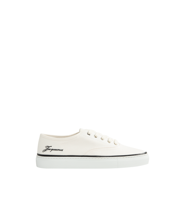 Image 1 of 5 - WHITE - JACQUEMUS The Ff Skate Sneakers featuring canvas upper, round toe, flat cotton laces, embroidered signature and monogram logos, rubber sole and canvas insole and lining. 100% cotton. Made in Portugal.
