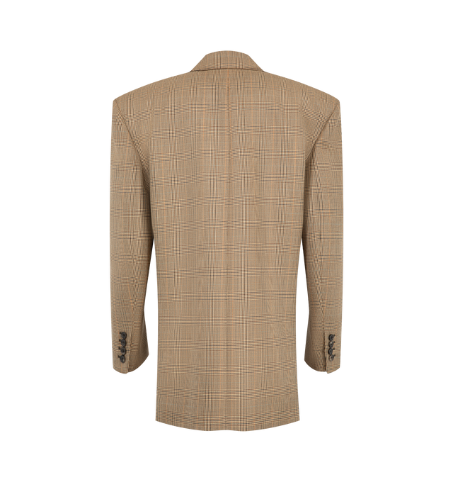 Image 2 of 2 - BROWN - Saint Laurent Womens Double-Breasted Jacket is crafted from certified virgin wool in a Prince of Wales puppytooth weave and features a subtly oversized silhouette with a peaked lapel. Designed with a double-breasted six-button closure, padded shoulders, two front flap welt pockets, a chest welt pocket, two interior jetted pockets, four-button cuffs, and a single back vent. Main Material: Certified Virgin Wool; Lining: Silk. Made in Italy.