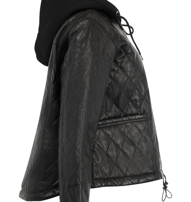 Image 3 of 3 - BLACK - R13 Women's Quilted Leather Jacket with Hood is crafted with a quilted construction and features a zip-front silhouette layered with a contrasting hooded insert. Designed for versatile everyday wear, the jacket combines lightweight insulation with a casual layered look. Main Materials: 100% Lamb Leather, Lining: 100% Polyester.