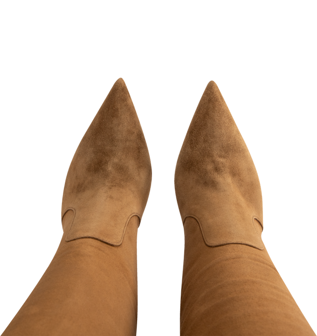 Image 4 of 4 - BROWN - GIANVITO ROSSI Hansen Suede Knee Boots featuring pointed toe and pull-on style. Lining: Goat leather. Made in Italy.