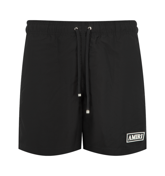Image 1 of 3 - BLACK - AMIRI Patch Swimshort featuring classic fit, side seam pockets, elastic waistband with drawcord and AMIRI logo at front. 100% polyester. Made in Italy.