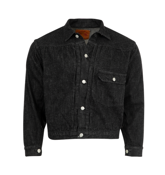 Image 1 of 2 - BLACK - FULLCOUNT Type 1 Black Denim Jacket in Super Smooth featuring 11.5oz super smooth denim, button front closure, button cuffs and chest pocket with flap and button. 100% cotton.