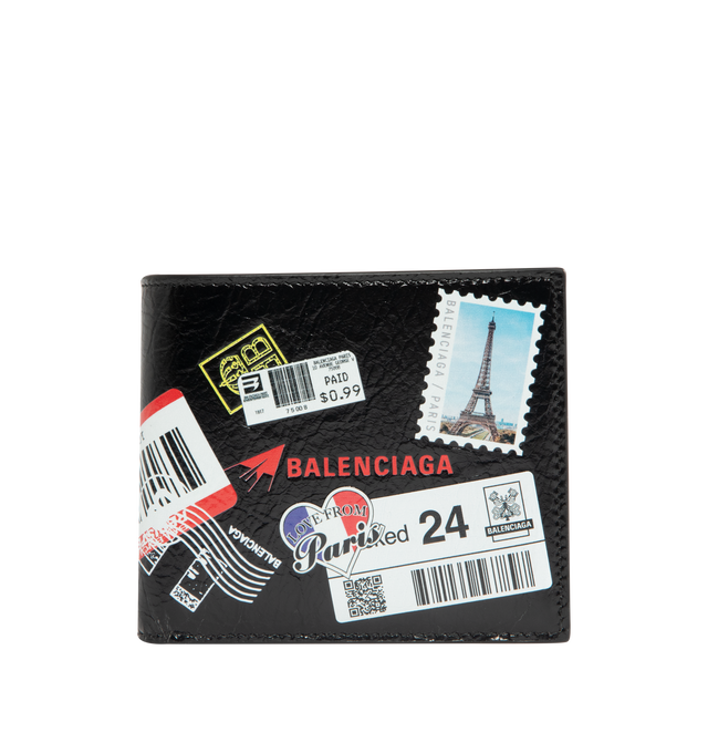 Image 1 of 3 - BLACK - BALENCIAGA Cash Square Folded Wallet in black Arena lambskin with multicolor mail artwork printed featuring square folded wallet, Balenciaga logo printed at front, 8 card slots, 2 bill pockets and 2 receipt compartments. Lambskin. Made in Italy.